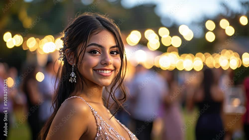 Smiling Young Woman at an Outdoor Evening Party Smiling Young Woman at an Outdoor Evening Party