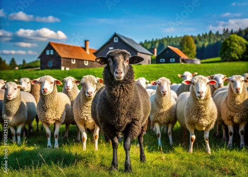 Unique Black Sheep in Rural Farming Scene Highlighting Diversity in Agriculture