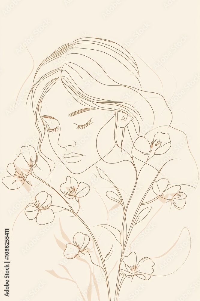 A minimal single line art of a woman with her head bowed, surrounded by flowers wilting around her, symbolizing her fragility and emotional state, hand-drawn style minimalist line art, beige colors A minimal single line art of a woman with her head bowed, surrounded by flowers wilting around her, symbolizing her fragility and emotional state, hand-drawn style minimalist line art, beige colors