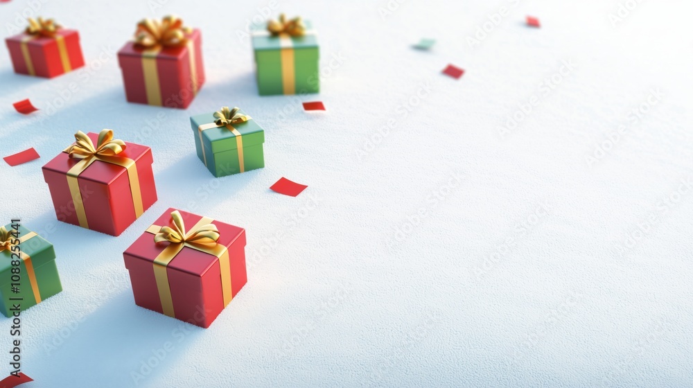 Festive 3D Gift Boxes on Snowy Ground - Glossy & Textured Wraps with Silk Ribbons, Morning Light Festive 3D Gift Boxes on Snowy Ground - Glossy & Textured Wraps with Silk Ribbons, Morning Light