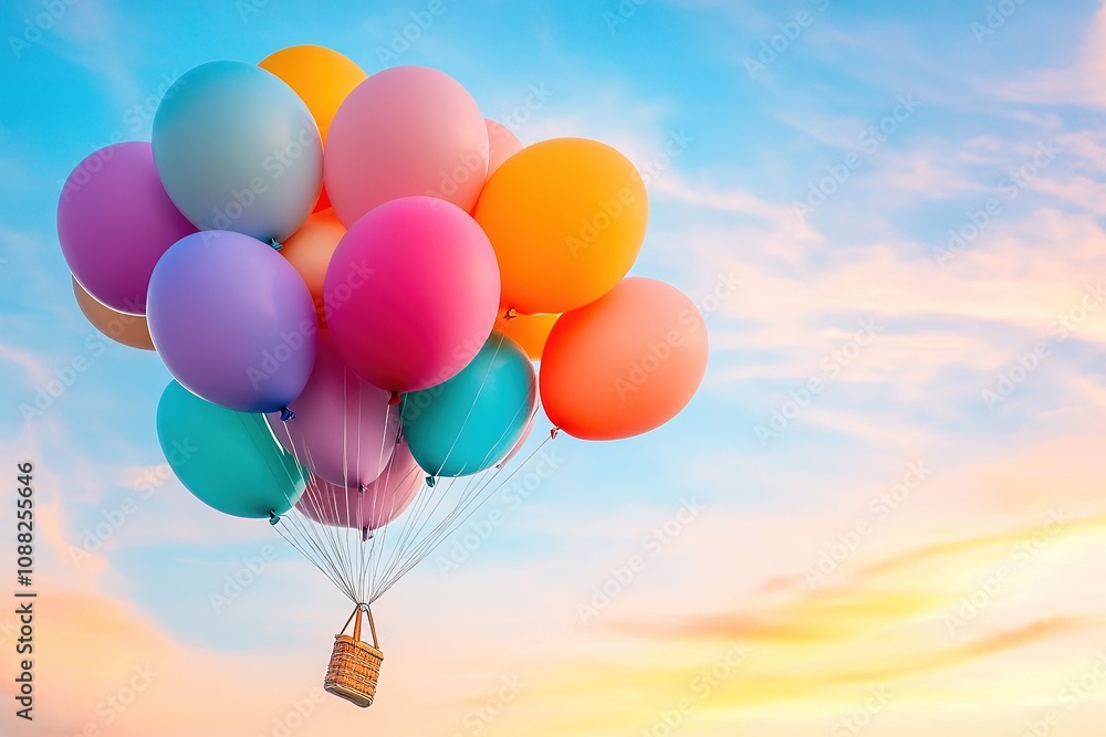 Fototapeta premium Colorful Balloons Floating Against Blue Sky at Sunset.