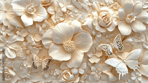 A textured arrangement of white flowers and butterflies, creating a serene and elegant design.