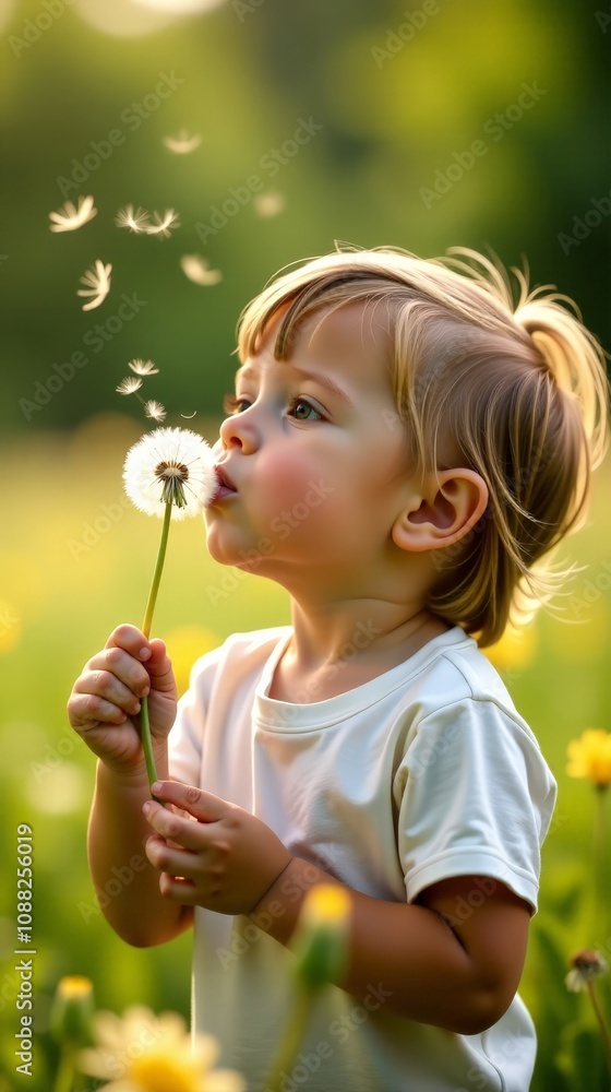 Playful Child Enjoying Nature Dandelion Seeds with Bokeh Effect in Bright Field Playful Child Enjoying Nature Dandelion Seeds with Bokeh Effect in Bright Field