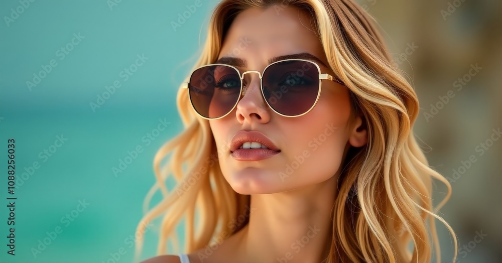 Fashionable Blonde Woman Wearing Sunglasses Emphasizing Stylish Summer Trends Fashionable Blonde Woman Wearing Sunglasses Emphasizing Stylish Summer Trends