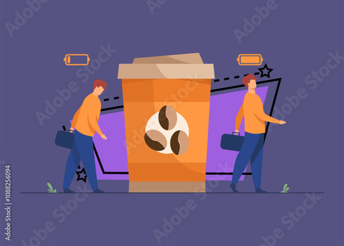 Man getting energy from cup of coffee. Caffeine addicted guy with disposal cup. Vector illustration for morning, coffee break, addiction, energetic drink concept
