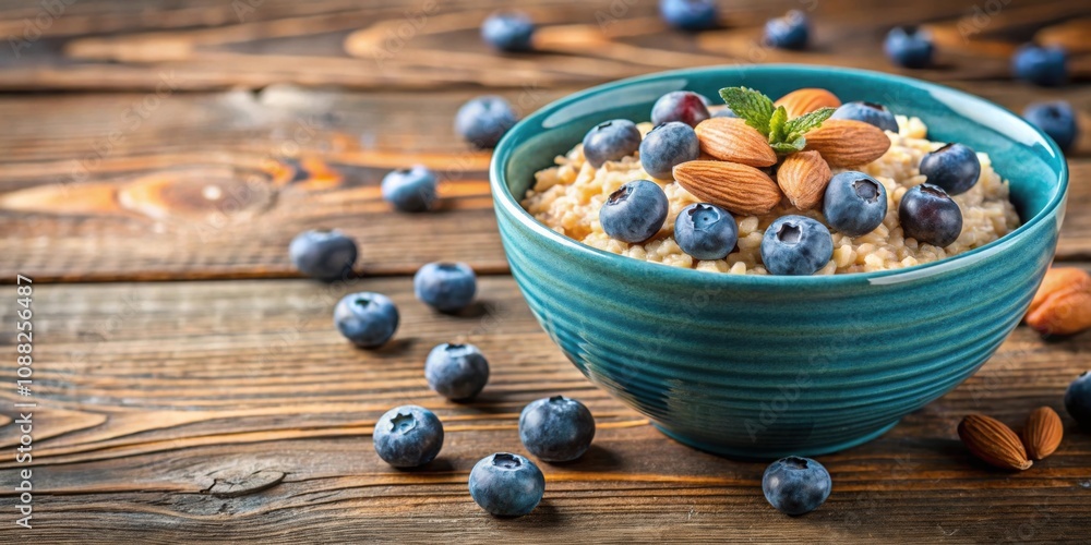 Oatmeal in blue ceramic bowl with blueberries and almonds on wooden table, oatmeal, blueberries, almonds, healthy, breakfast Oatmeal in blue ceramic bowl with blueberries and almonds on wooden table, oatmeal, blueberries, almonds, healthy, breakfast