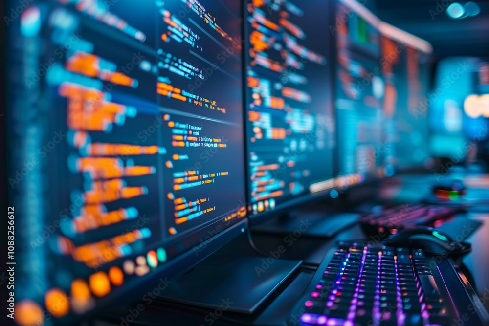 Modern network security operations center with multi-screen display and neon lights