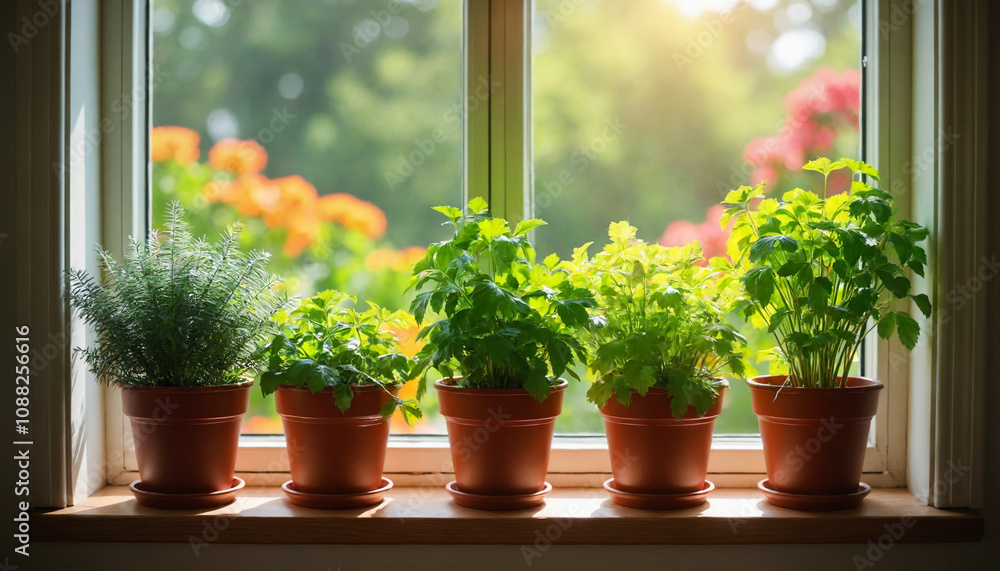 Herb plants in pots on a sunlit windowsill with vibrant garden view Herb plants in pots on a sunlit windowsill with vibrant garden view
