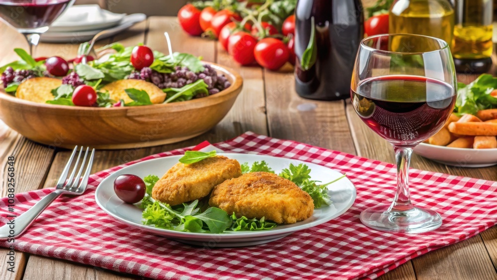 Dinner menu featuring a feast of chicken cutlet, salad, and red wine Dinner menu featuring a feast of chicken cutlet, salad, and red wine
