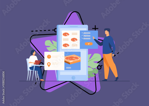 People ordering food in cafe and online. Man using mobile app and choosing pizza for delivery. Vector illustration for application, restaurant service, fast food concept