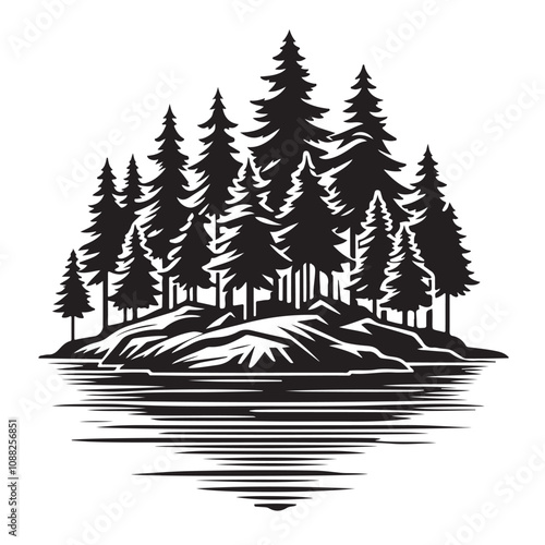 A stylized, black and white illustration of a tranquil island forest