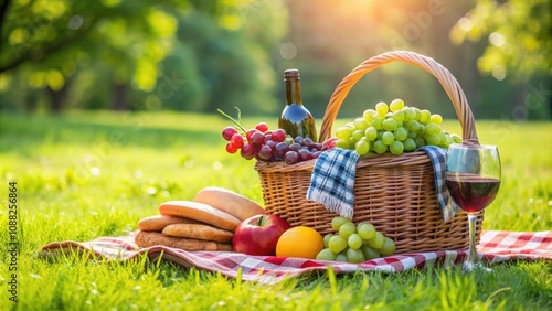 Picnic basket with fruits and wine on a lush green lawn, picnic, basket, food, wine, fruits, outdoor, grass, summer
