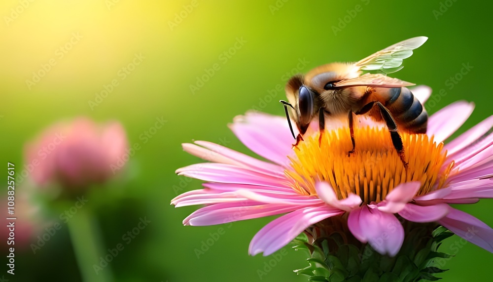 Natural macro shot. Pollinating bee on flower, focused on details, natural soft light, 3D illustration.