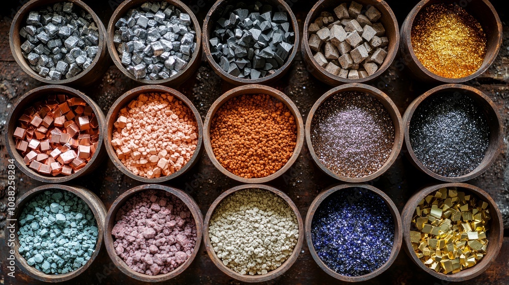 A vibrant array of colorful spices and powders arranged in round bowls, showcasing various textures and hues, set against a rustic surface. A vibrant array of colorful spices and powders arranged in round bowls, showcasing various textures and hues, set against a rustic surface.