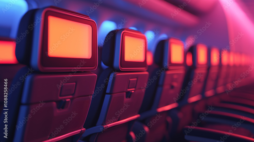 Travel airplane concept. Sleek airplane seats with glowing screens in modern layout Travel airplane concept. Sleek airplane seats with glowing screens in modern layout