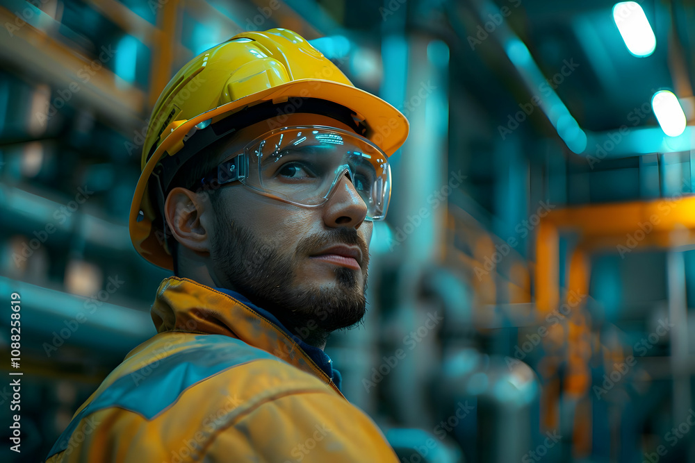 Industrial Worker in Safety Gear Contemplating in a Factory Setting Industrial Worker in Safety Gear Contemplating in a Factory Setting