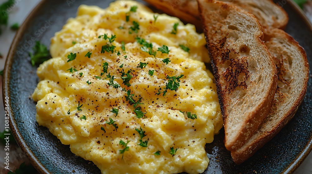 Fluffy Scrambled Eggs with Toasted Bread, Perfect Breakfast Fluffy Scrambled Eggs with Toasted Bread, Perfect Breakfast