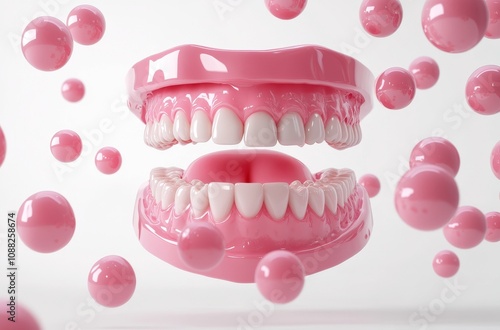 Vibrant Pink Dental Models Surrounded by Floating Bubbles Illustrating Oral Care, Hygiene Themes, and Dental Health Awareness in a Captivating Educational Visual