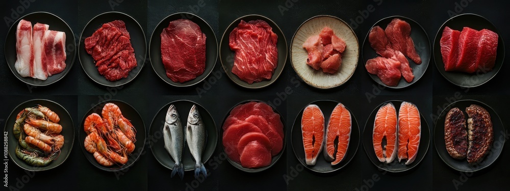 Various Fresh Cuts of Meat and Seafood Artfully Arranged on Dark Background, Showcasing Premium Quality Ingredients for Culinary Delight Various Fresh Cuts of Meat and Seafood Artfully Arranged on Dark Background, Showcasing Premium Quality Ingredients for Culinary Delight