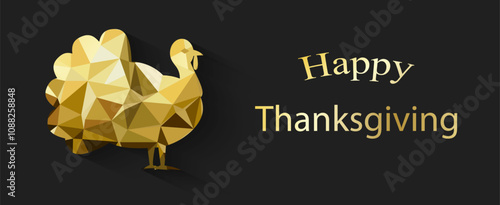Happy Thanksgiving Day banner with gold turkey, vector illustration. Can be used for web design, greeting card or holiday party invitation.