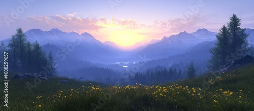 Serene mountain landscape with a breathtaking sunrise, a blanket of fog covers the valley, and wildflowers bloom in the foreground.