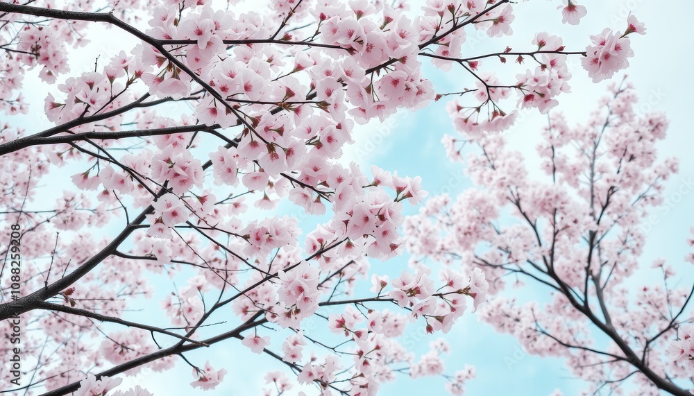 Delicate Cherry Blossom Blooms against a Soft Blue Sky Capturing the Beauty of Springtime in Full Bloom with a Serene Nature Aesthetic Delicate Cherry Blossom Blooms against a Soft Blue Sky Capturing the Beauty of Springtime in Full Bloom with a Serene Nature Aesthetic