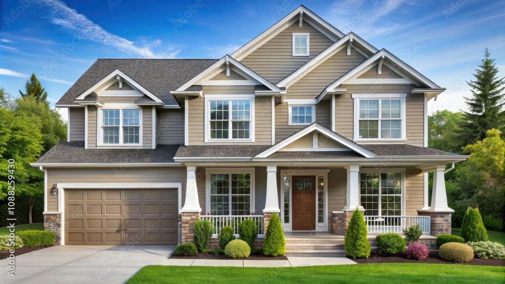 Modern two-story suburban house with porch, isolated on background, suburban, house, modern, two-story, porch, architecture Modern two-story suburban house with porch, isolated on background, suburban, house, modern, two-story, porch, architecture