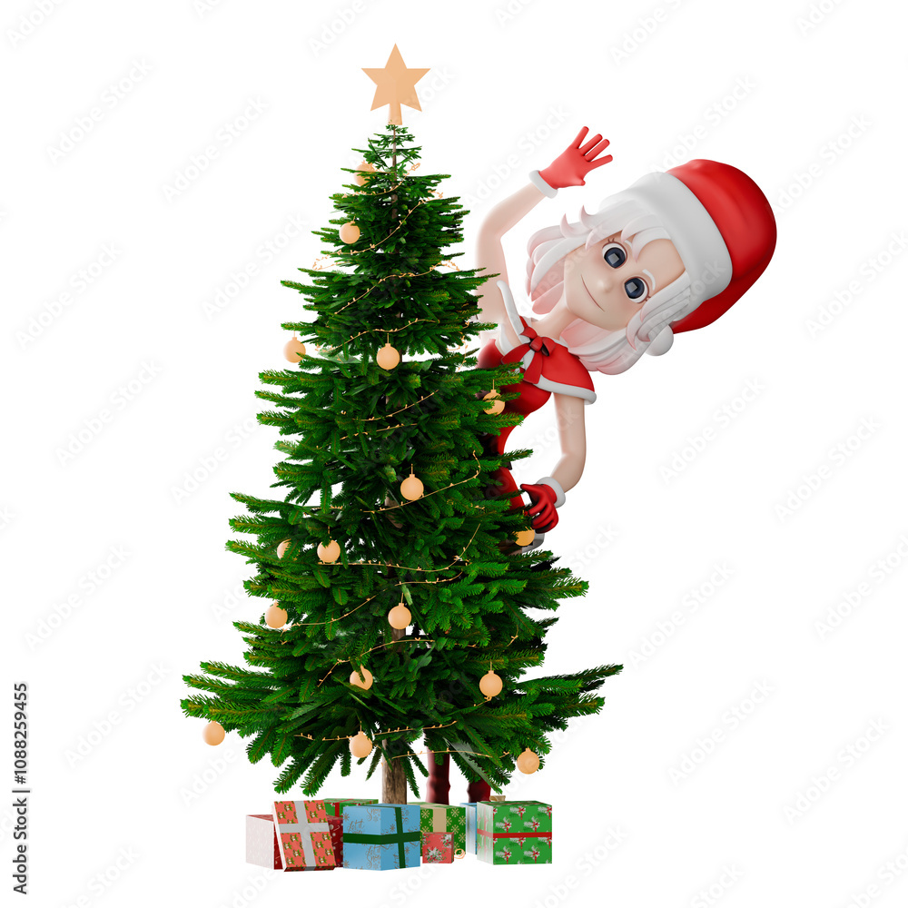 3D Cartoon Girls Santa Christmas. A girl santa stands behind a Christmas tree with a peeking expression and waving her right hand. Festive Holiday Style 3D Cartoon Girls Santa Christmas. A girl santa stands behind a Christmas tree with a peeking expression and waving her right hand. Festive Holiday Style