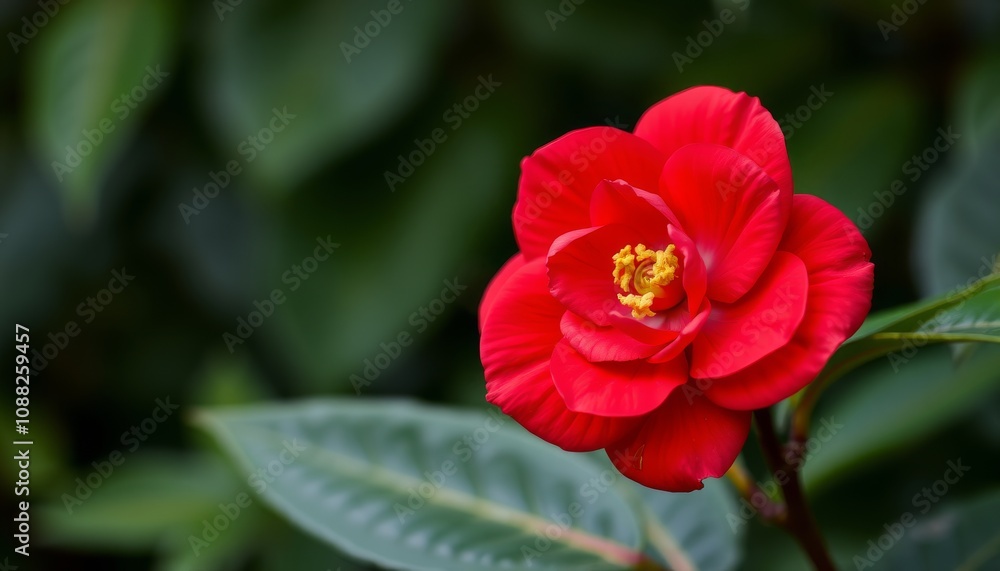 Stunning Close-Up of a Vibrant Red Camellia Flower Surrounded by Lush Green Leaves Highlighting Its Intricate Petals and Natural Beauty in the Garden Environment Stunning Close-Up of a Vibrant Red Camellia Flower Surrounded by Lush Green Leaves Highlighting Its Intricate Petals and Natural Beauty in the Garden Environment