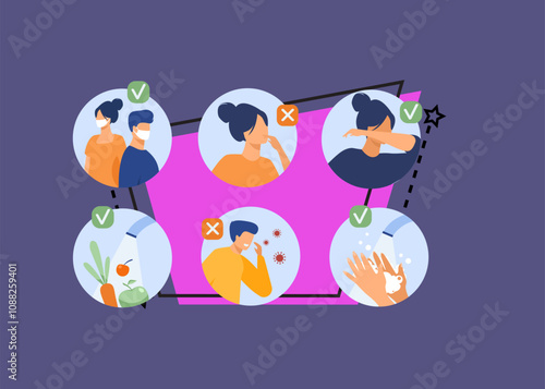 Protection from coronavirus tips. Safety list for prevention spreading, avoidance people with flu symptoms and cough. Vector illustration for, 2019-ncov, corona virus, healthcare concept