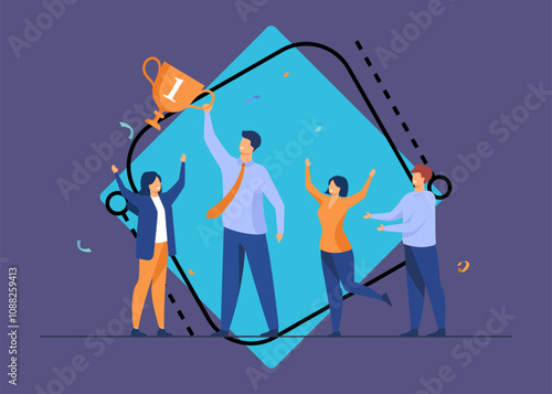 Teamwork and team success concept. Best employees winning cup, celebrating victory. Flat vector illustration for leadership and career achievement topics