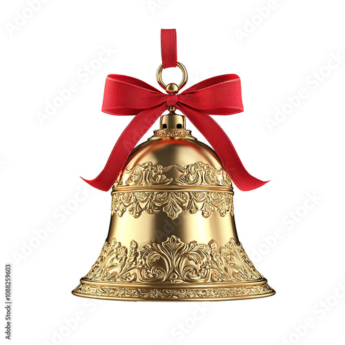 christmas bell with knotted red ribbon on transparent background