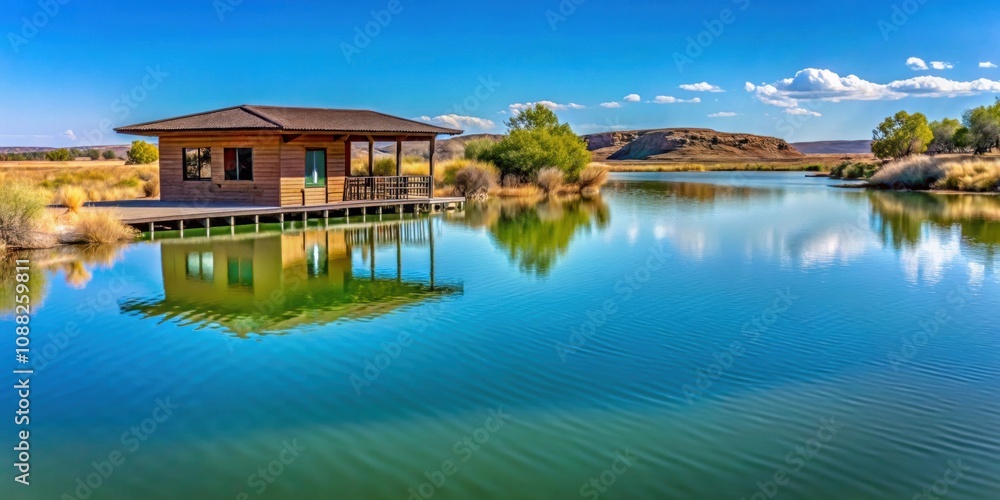 Obraz premium Lake next to ranger station in Bottomless Lakes State Park, Rosswell, NM, USA, lake, ranger station, Bottomless Lakes State Park