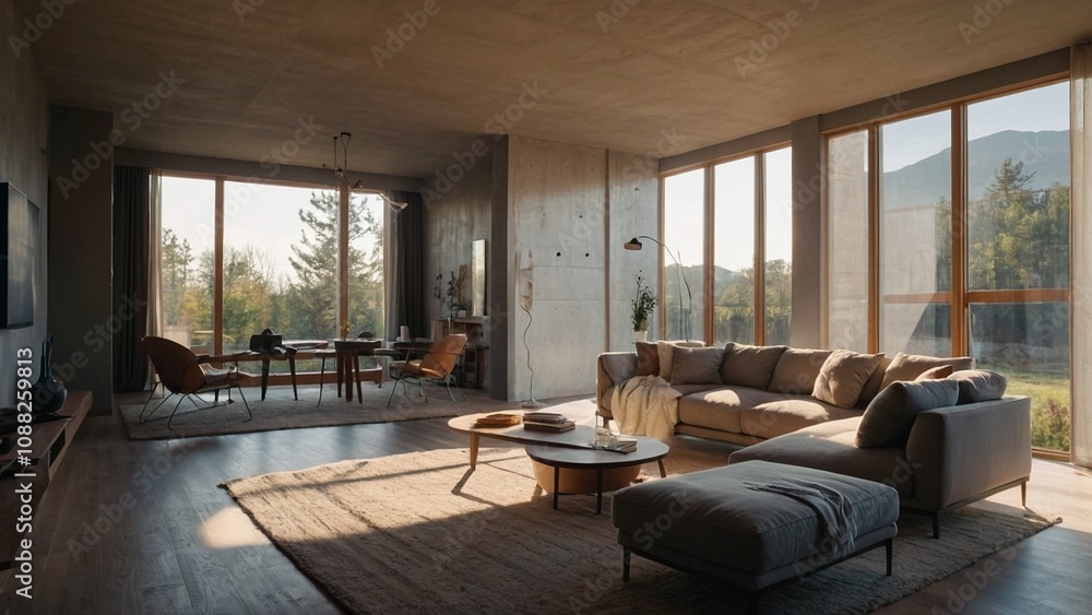 Naklejka premium A cozy living room with freshly installed plasterboards and drywall, the sunlight streaming in through the large windows, casting warm shadows on the smooth walls.