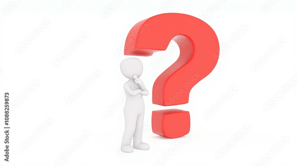 3D Character Thinking with Large Red Question Mark 3D Character Thinking with Large Red Question Mark