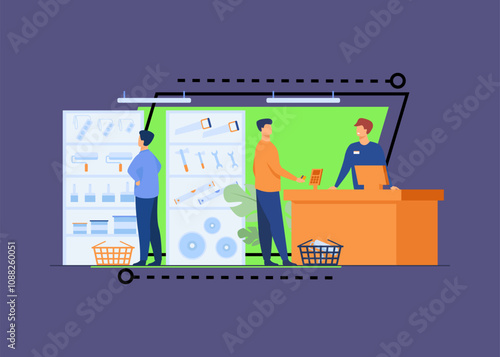 Tool shop customers. Men choosing instrument at showcase for painting or carpentry work, paying at checkout counter, consulting salesman. Vector illustration for hardware store, house repair concept
