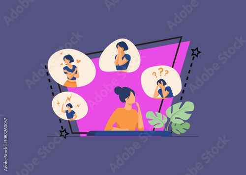 Woman expressing strong various feelings and emotions. Girl suffering from distracted behavior and mood changes. Vector illustration for mental disorder, psychology, stress, crisis concept