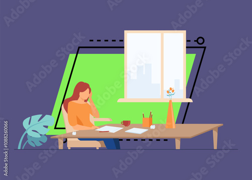 Young author or writer working on new article. Woman sitting at clean paper, crumpling pieces of drafts. Vector illustration for writing, creative crisis, journalism concept