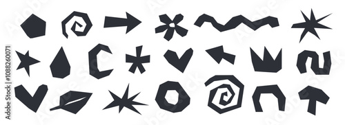 Paper cut out form set. Black abstract collage shape collection. Geometric paper element collection. Nursery decoration bundle for poster, banner, print. Children doodle illustration pack. Vector