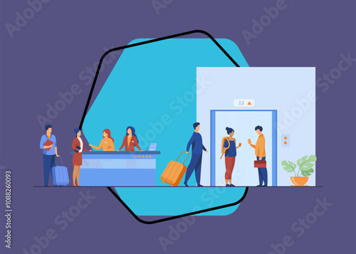 Tourists with luggage waiting at hotel reception desk, walking through lobby to elevator. Receptionists welcoming guests at counter. Vector illustration for hotel business, hospitality, travel concept