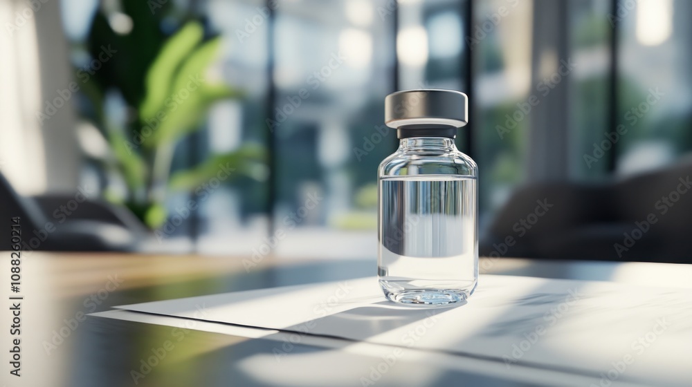 Medical Vial on Desk in Modern Office Setting Medical Vial on Desk in Modern Office Setting