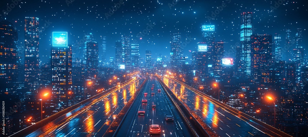 a car driving on an illuminated highway in a futuristic cityscape, with skyscrapers and digital billboards displaying white color patterns. a car driving on an illuminated highway in a futuristic cityscape, with skyscrapers and digital billboards displaying white color patterns.