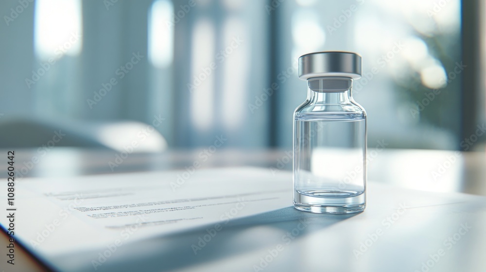 Medical Vial on Document: Healthcare, Vaccine, Treatment Medical Vial on Document: Healthcare, Vaccine, Treatment
