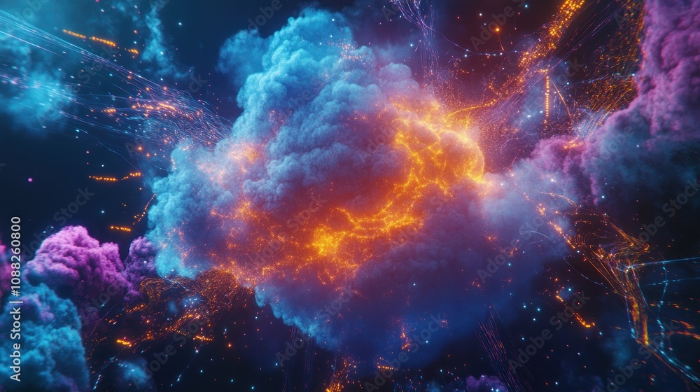 vibrant cosmic cloud with glowing elements, depicting a digital or abstract space theme. vibrant cosmic cloud with glowing elements, depicting a digital or abstract space theme.
