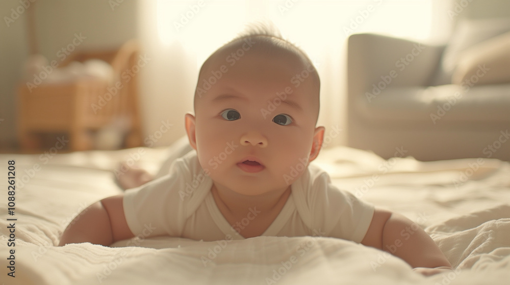 Adorable baby lying on soft blanket in cozy nursery with warm morning light Adorable baby lying on soft blanket in cozy nursery with warm morning light