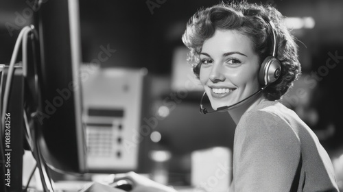Vintage Telephone Operator: A Black and White Portrait of a Smiling Woman in a 1950s Office Setting