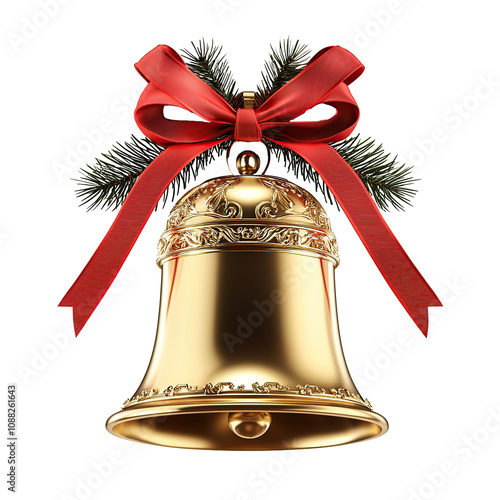 christmas bell with knotted red ribbon on transparent background