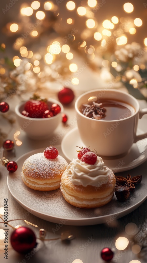 Traditional European Christmas desserts create a warm holiday atmosphere, featuring delightful pastries topped with cream and cherries, perfectly paired with a cozy cup of coffee. Traditional European Christmas desserts create a warm holiday atmosphere, featuring delightful pastries topped with cream and cherries, perfectly paired with a cozy cup of coffee.