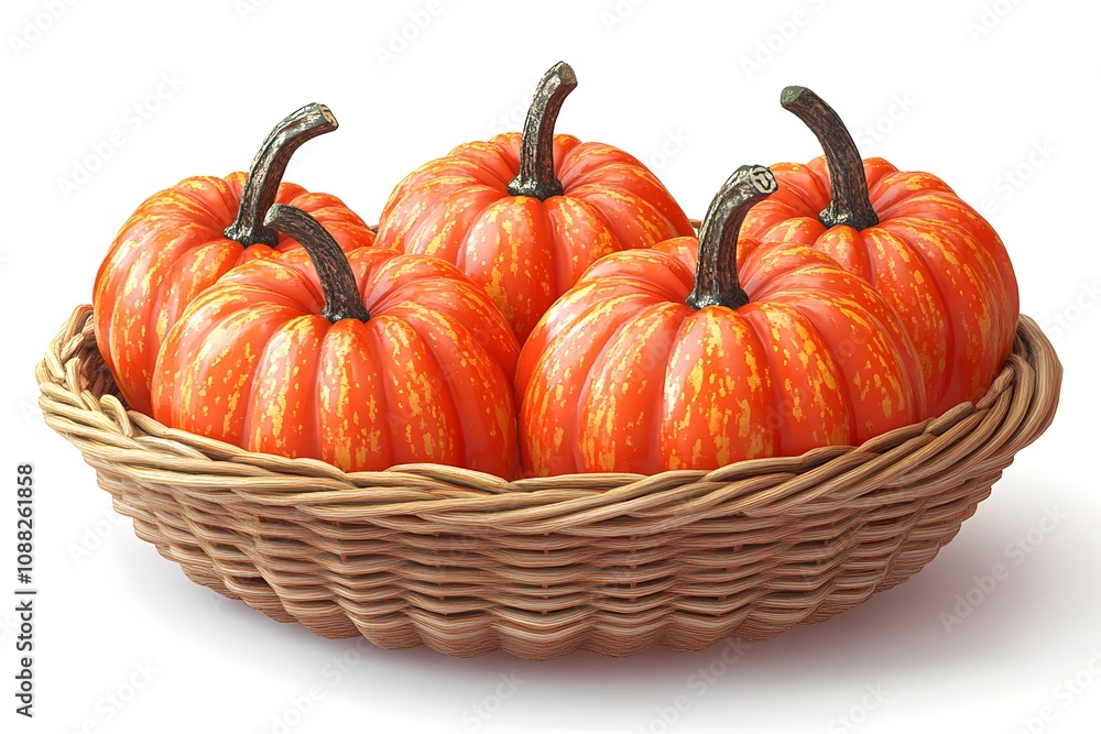 Rustic Woven Basket Overflowing with Four Pumpkins Rustic Woven Basket Overflowing with Four Pumpkins