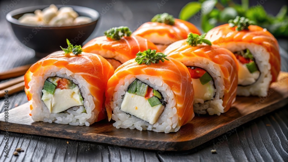 Sushi rolls with boiled carrots, raw salmon, surimi, pepper, and melted cheese , sushi, hosomaki Sushi rolls with boiled carrots, raw salmon, surimi, pepper, and melted cheese , sushi, hosomaki